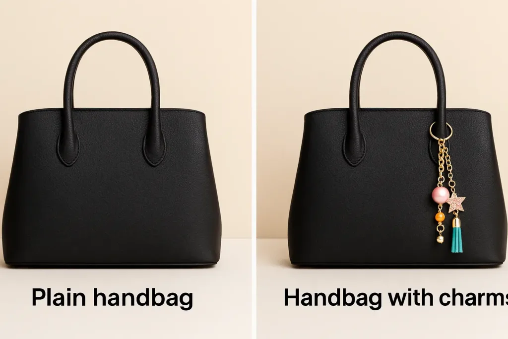 A side-by-side comparison of a plain handbag vs. the same bag with charms.