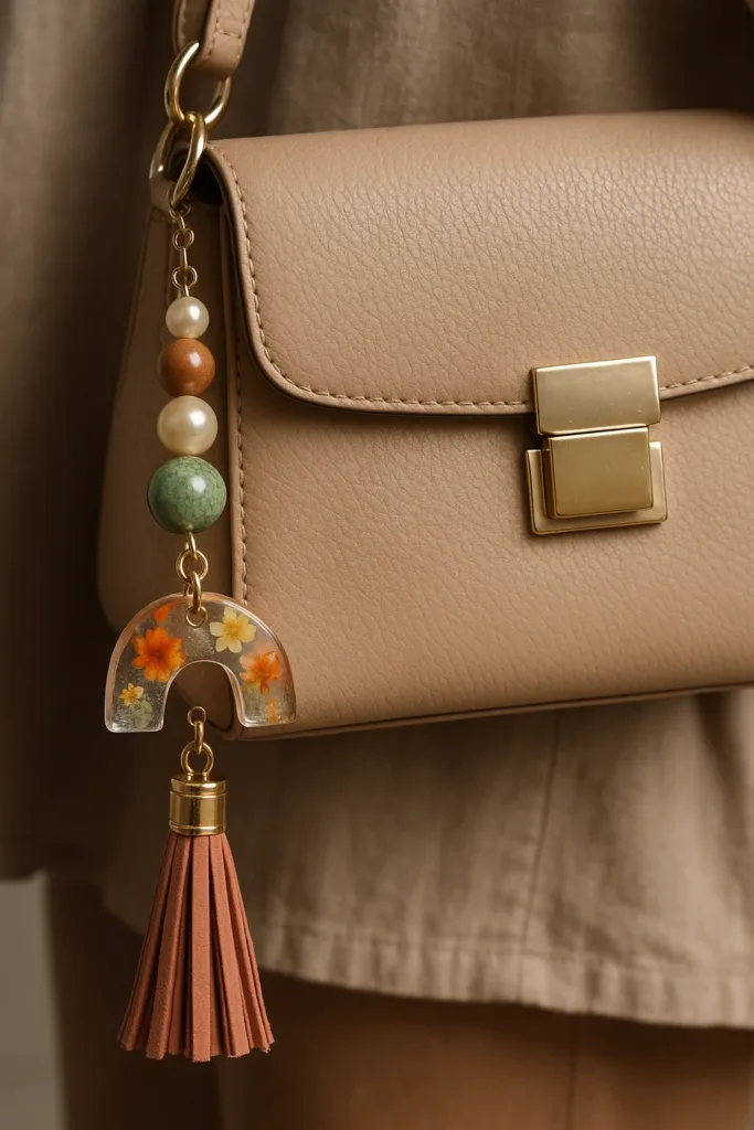 A chic handbag with multiple DIY charms hanging off the strap: beads, tassel, resin piece.