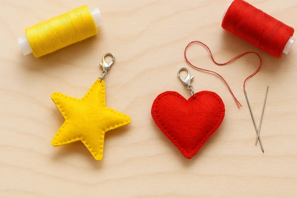 Felt star and heart charms on a table with needles and thread.