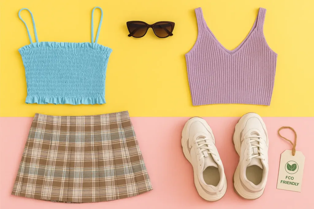 Flat lay of trendy Cider-style outfits with pastel crop tops, plaid skirt, chunky sneakers, and sunglasses on colorful yellow-pink background.