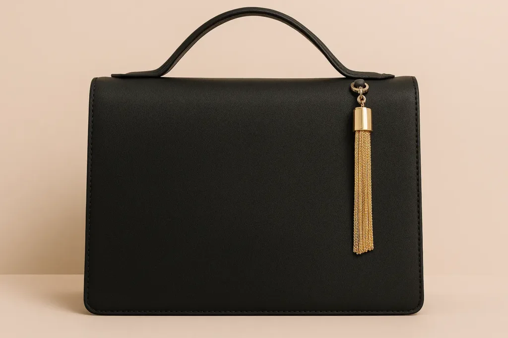 Stylish bag charm clipped to a leather handbag.