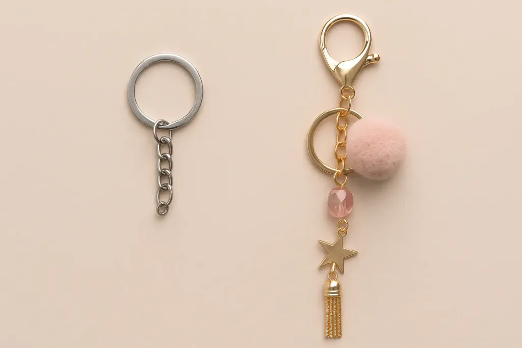 Side-by-side photo of a simple keychain and a decorative bag charm.
